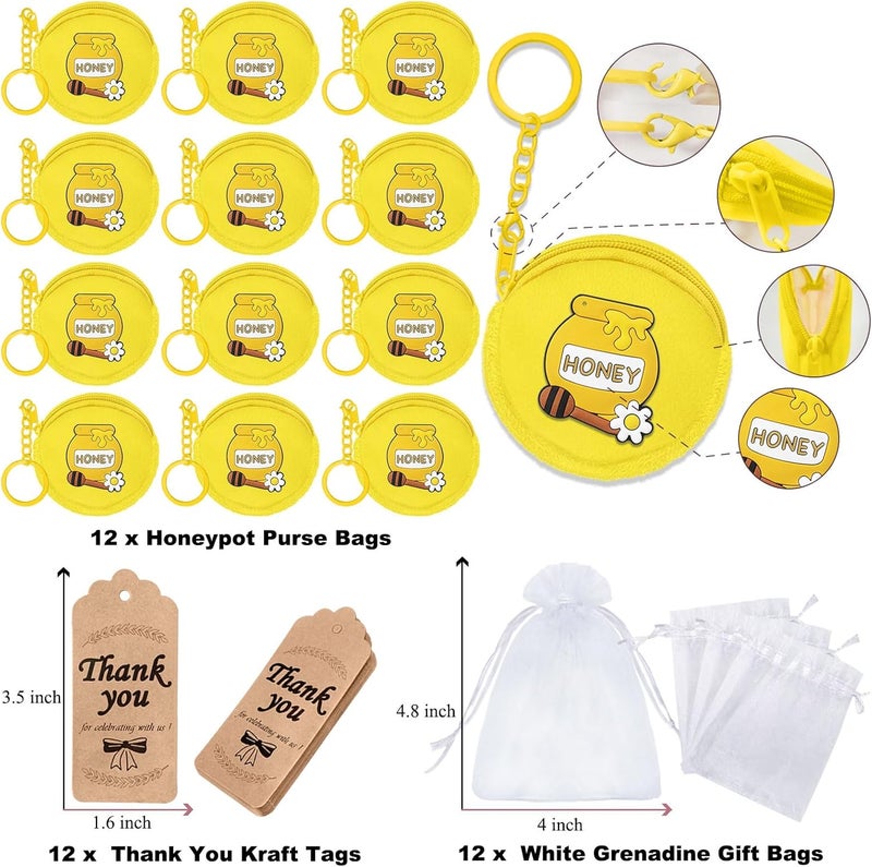 Elecrainbow 36 Pack Bee Themed Change Purses Set Include 12 Honey Pot Wallets with Keyring, 12 Thank You Tags and 12 Organza Bags for Bumble Bee Baby to Bee Birthday Baby Shower Decor,Yellow - Image 2